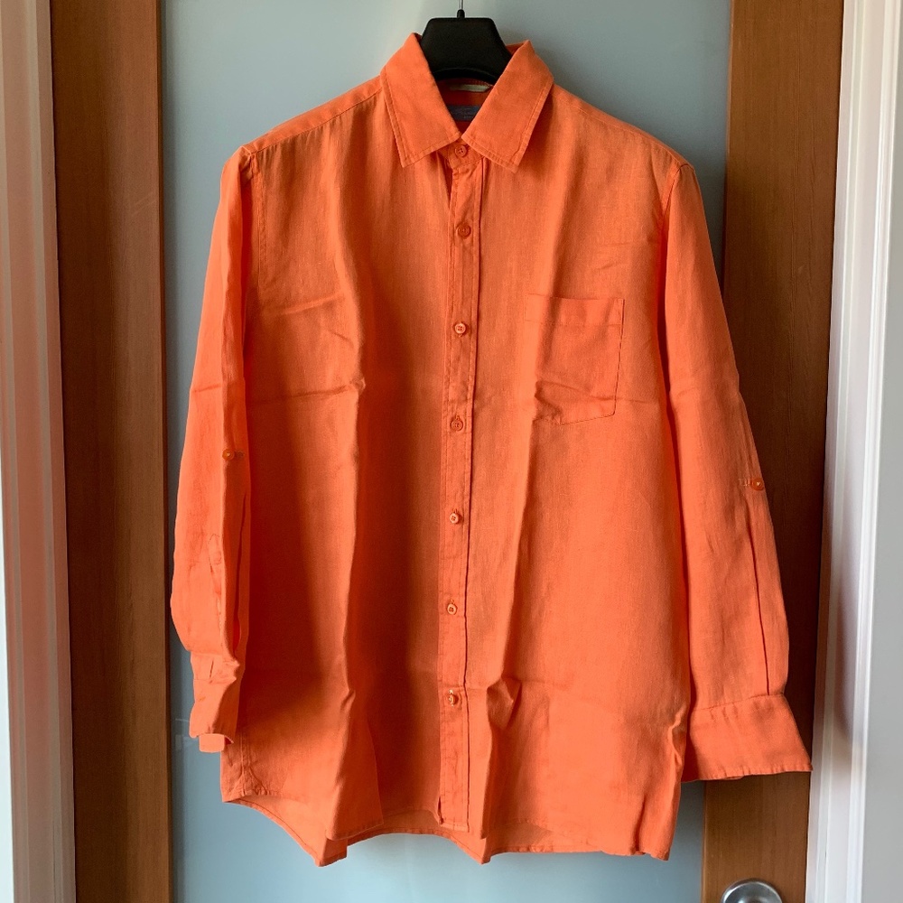 Toscano orange linen button down shirt